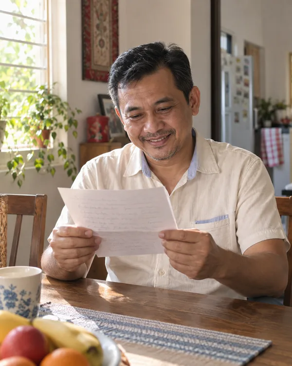 A father reading a letter at home