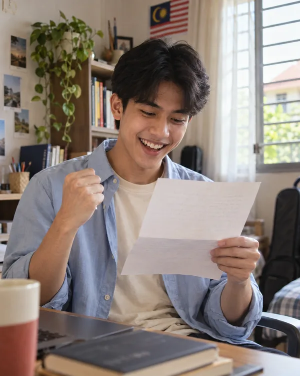 A student smiling over a letter
