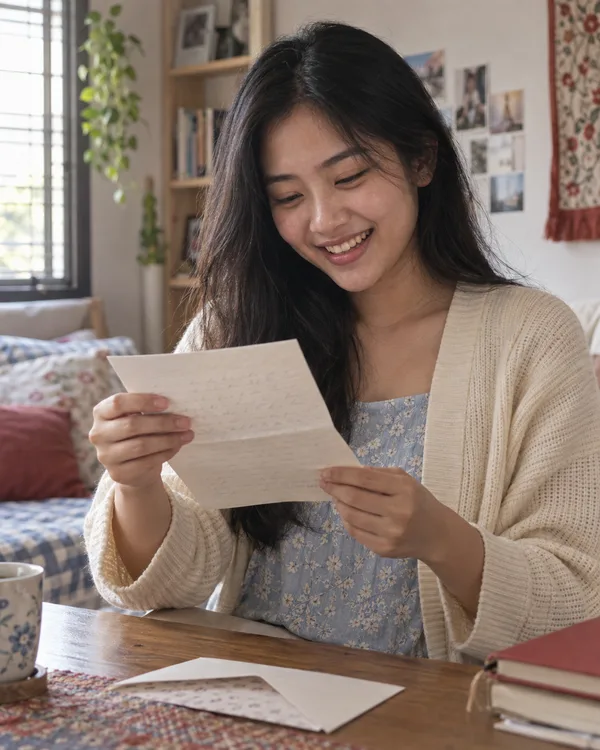 A young adult reading a letter