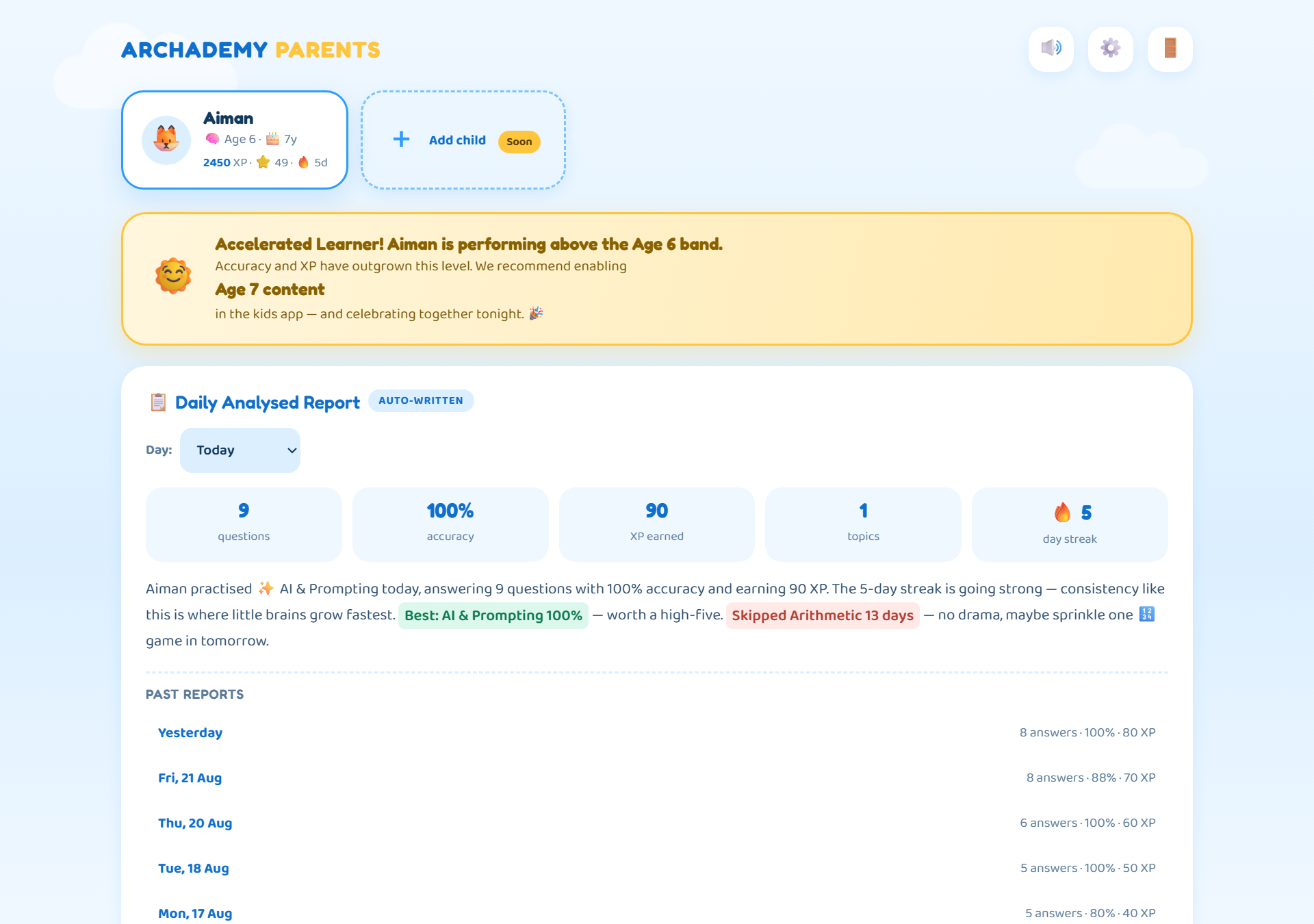 ARCHADEMY Parents — dashboard with daily report and skill radar
