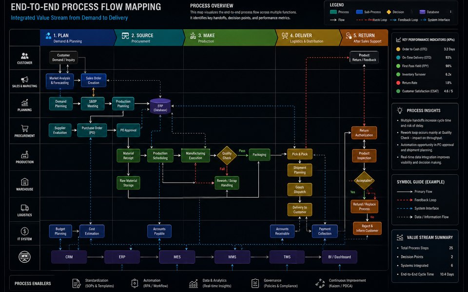 End-to-end process flow map of a business, from demand planning to delivery and returns, with the systems underneath