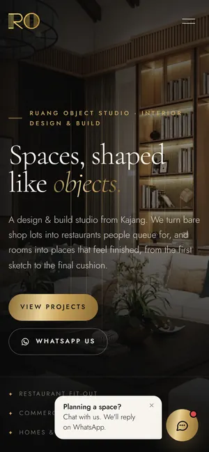 Ruang Object Studio on a phone screen, captured live